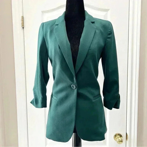 Ricki’s  Blazer Ponte Knit 3/4 Ruched Sleeves Single Breasted Forest Green XS - Picture 10 of 10